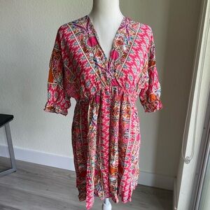 Boho Pink and Patterned Vneck Summer Mini dress